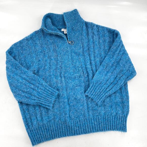 TopShop Fuzzy Cable Turtleneck Sweater S Blue NWOT Oversized Zip Womens Dolman - Picture 1 of 5